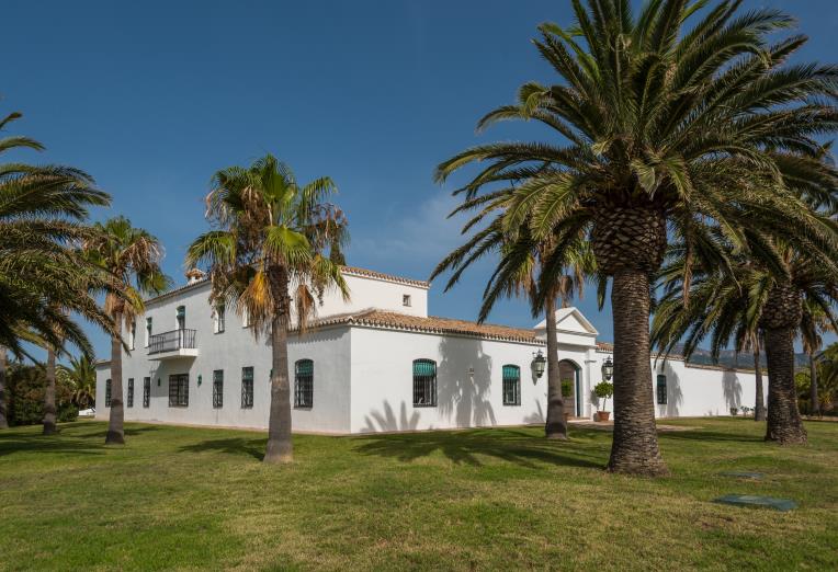 Fachada del Cortijo Pedro Jiménez entre palmeras